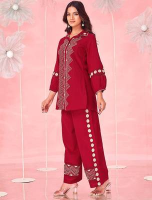 Embroidered Dark Red Cotton Blend Co Ords for Women 6