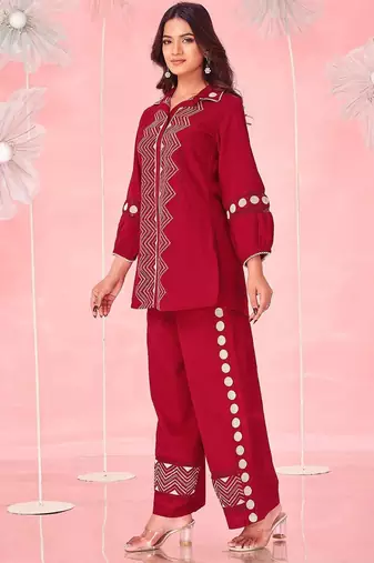 Embroidered Dark Red Cotton Blend Co Ords for Women