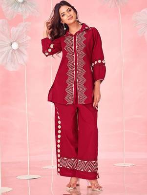 Embroidered Dark Red Cotton Blend Co Ords for Women 7