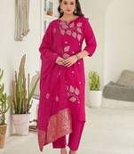 Women Ethnic Motifs Embroidered Regular Thread Work Kurta with Trousers & With Dupatta