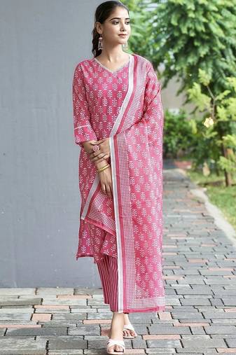 Women Ethnic Motifs Printed Regular Pure Cotton Kurta with Palazzos & With Dupatta