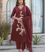 Women Floral Embroidered Regular Thread Work Pure Cotton Kurta with Trousers & With Dupatta