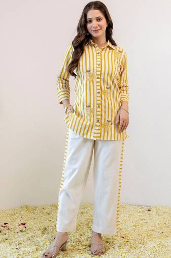 Embroidered Beige & Yellow lining Cotton Blend Co Ords for Women