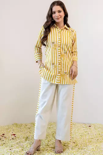 Embroidered Beige & Yellow lining Cotton Blend Co Ords for Women