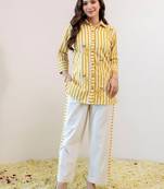 Embroidered Beige & Yellow lining Cotton Blend Co Ords for Women