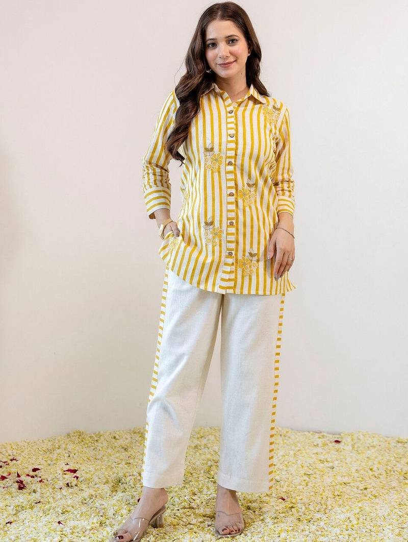 Embroidered Beige & Yellow lining Cotton Blend Co Ords for Women