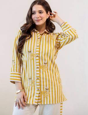 Embroidered Beige & Yellow lining Cotton Blend Co Ords for Women 2