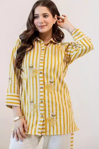 Embroidered Beige & Yellow lining Cotton Blend Co Ords for Women