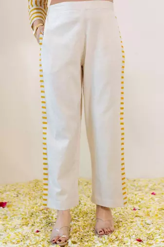 Embroidered Beige & Yellow lining Cotton Blend Co Ords for Women