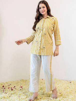 Embroidered Beige & Yellow lining Cotton Blend Co Ords for Women 5