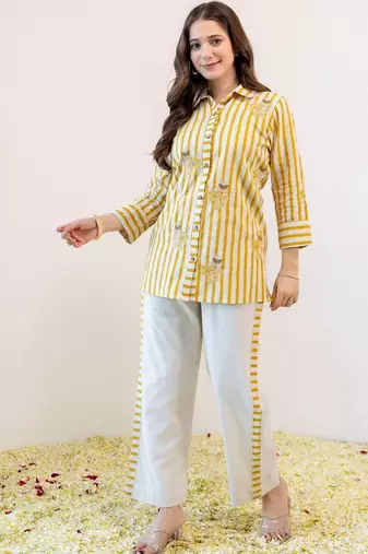 Embroidered Beige & Yellow lining Cotton Blend Co Ords for Women