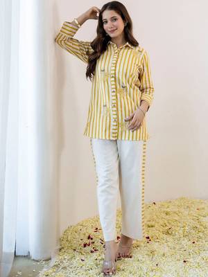 Embroidered Beige & Yellow lining Cotton Blend Co Ords for Women 6