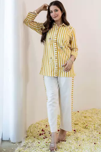 Embroidered Beige & Yellow lining Cotton Blend Co Ords for Women