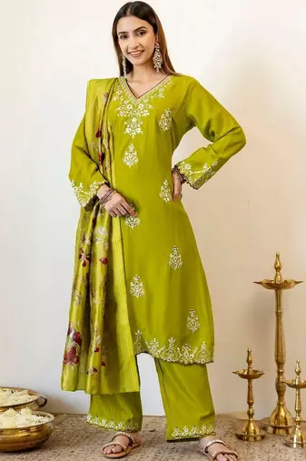 Women Ethnic Motifs Embroidered Mirror Work Kurta with Palazzos & With Dupatta
