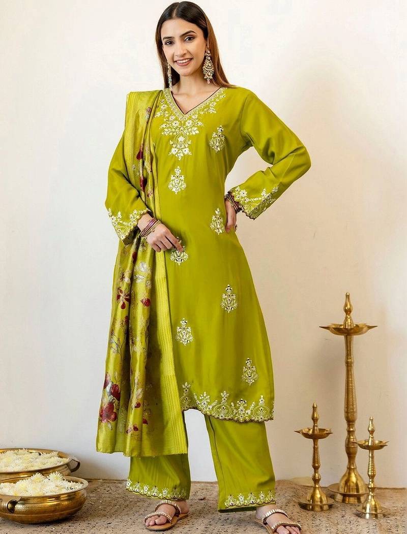 Women Ethnic Motifs Embroidered Mirror Work Kurta with Palazzos & With Dupatta