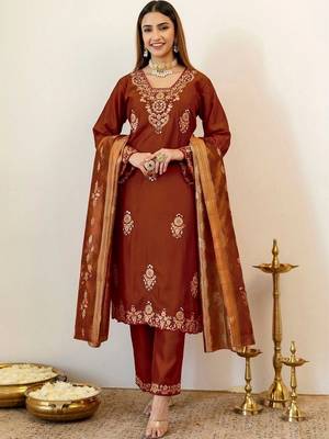 Women Ethnic Motifs Embroidered Regular Kurta with Trousers & With Dupatta 1
