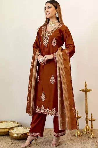Women Ethnic Motifs Embroidered Regular Kurta with Trousers & With Dupatta