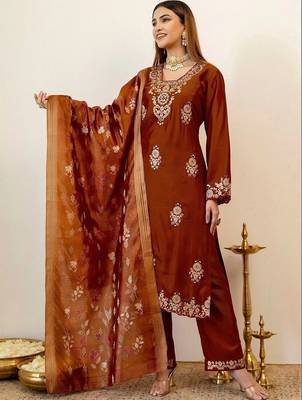 Women Ethnic Motifs Embroidered Regular Kurta with Trousers & With Dupatta 6