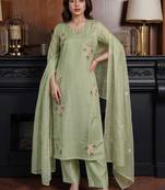 Women Ethnic Regular Thread Work Chanderi Cotton Kurta with Trousers & With Dupatta