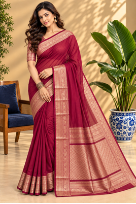 Maroon Banarasi Woven Gold Zari Design Pure Soft Georgette Fabric Lightweight Saree Unstitche 1