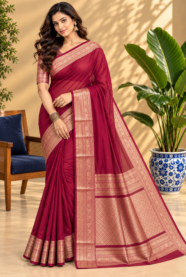 Maroon Banarasi Woven Gold Zari Design Pure Soft Georgette Fabric Lightweight Saree Unstitche