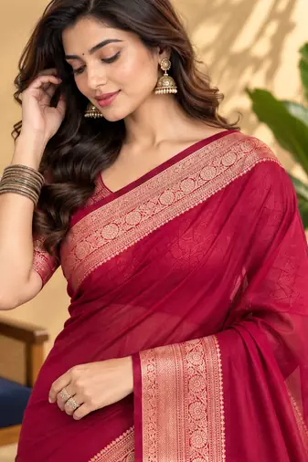 Maroon Banarasi Woven Gold Zari Design Pure Soft Georgette Fabric Lightweight Saree Unstitche