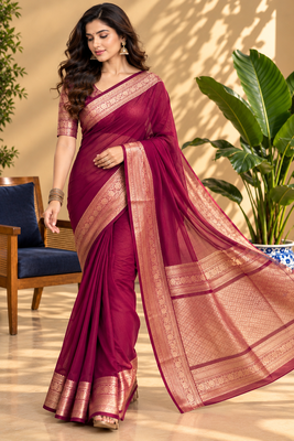 Maroon Banarasi Woven Gold Zari Design Pure Soft Georgette Fabric Lightweight Saree Unstitche 4