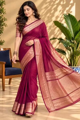 Maroon Banarasi Woven Gold Zari Design Pure Soft Georgette Fabric Lightweight Saree Unstitche