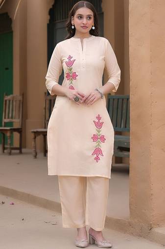 Embroidered Peach Pure Cotton Co Ords for Women
