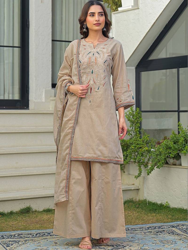 Women Embroidered Regular Kurta with Palazzos & With Dupatta
