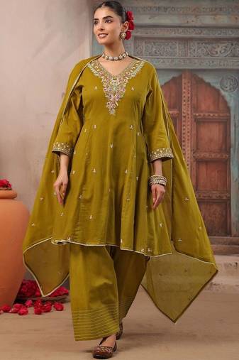 Women Ethnic Motifs Embroidered Regular Thread Work Pure Cotton Kurta with Palazzos & With Dupatta