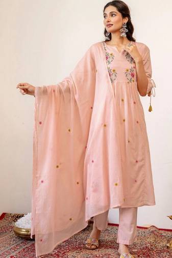 Women Floral Embroidered Empire Thread Work Chanderi Cotton Kurta with Trousers & With Dupatta