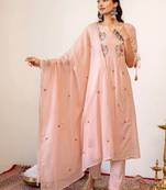 Women Floral Embroidered Empire Thread Work Chanderi Cotton Kurta with Trousers & With Dupatta