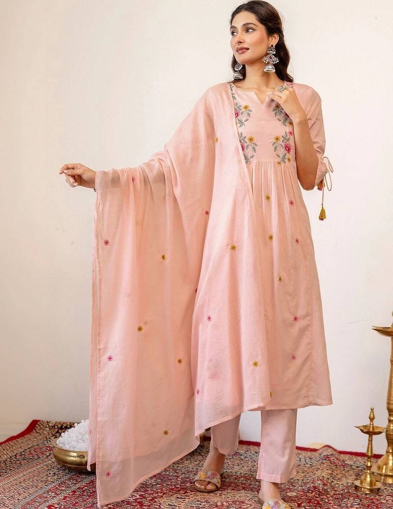 Women Floral Embroidered Empire Thread Work Chanderi Cotton Kurta with Trousers & With Dupatta