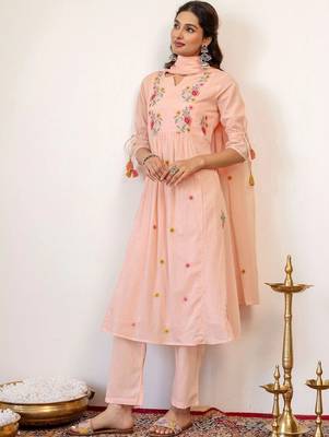 Women Floral Embroidered Empire Thread Work Chanderi Cotton Kurta with Trousers & With Dupatta 3