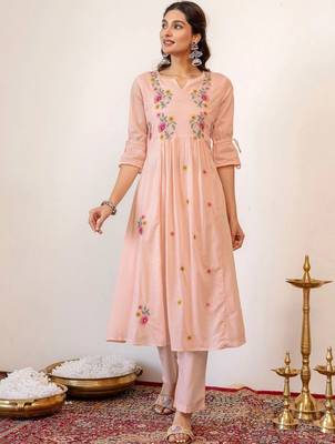 Women Floral Embroidered Empire Thread Work Chanderi Cotton Kurta with Trousers & With Dupatta 4
