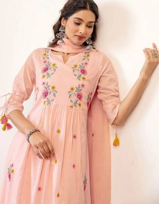 Women Floral Embroidered Empire Thread Work Chanderi Cotton Kurta with Trousers & With Dupatta 6