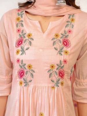 Women Floral Embroidered Empire Thread Work Chanderi Cotton Kurta with Trousers & With Dupatta 7