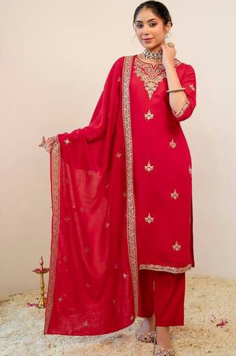 Women Ethnic Motifs Embroidered Regular Kurta with Trousers & With Dupatta