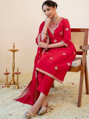 Women Ethnic Motifs Embroidered Regular Kurta with Trousers & With Dupatta 5