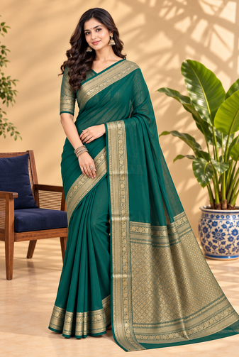 Green Banarasi Woven Gold Zari Design Pure Soft Georgette Fabric Lightweight Saree Unstitche