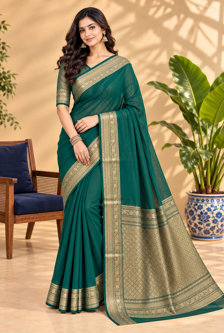 Green Banarasi Woven Gold Zari Design Pure Soft Georgette Fabric Lightweight Saree Unstitche