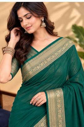 Green Banarasi Woven Gold Zari Design Pure Soft Georgette Fabric Lightweight Saree Unstitche 2