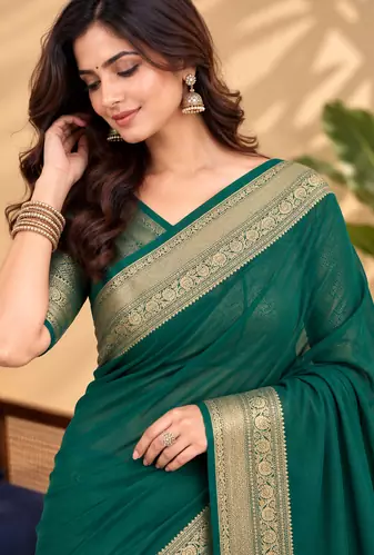 Green Banarasi Woven Gold Zari Design Pure Soft Georgette Fabric Lightweight Saree Unstitche