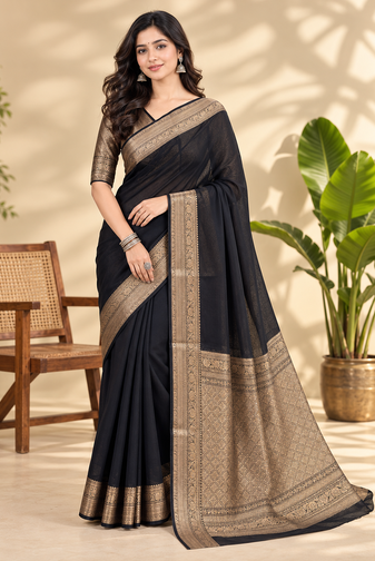 Black Banarasi Woven Gold Zari Design Pure Soft Georgette Fabric Lightweight Saree Unstitche