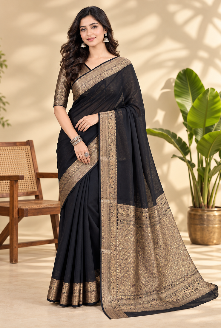 Black Banarasi Woven Gold Zari Design Pure Soft Georgette Fabric Lightweight Saree Unstitche