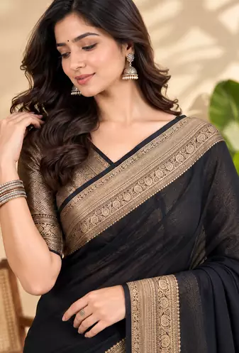 Black Banarasi Woven Gold Zari Design Pure Soft Georgette Fabric Lightweight Saree Unstitche