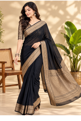 Black Banarasi Woven Gold Zari Design Pure Soft Georgette Fabric Lightweight Saree Unstitche 3