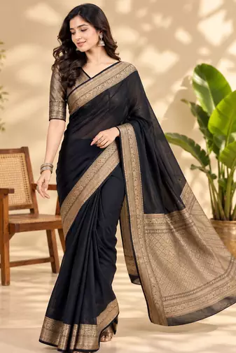 Black Banarasi Woven Gold Zari Design Pure Soft Georgette Fabric Lightweight Saree Unstitche