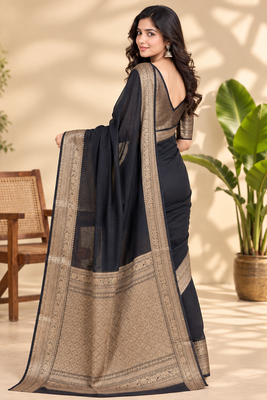 Black Banarasi Woven Gold Zari Design Pure Soft Georgette Fabric Lightweight Saree Unstitche 4